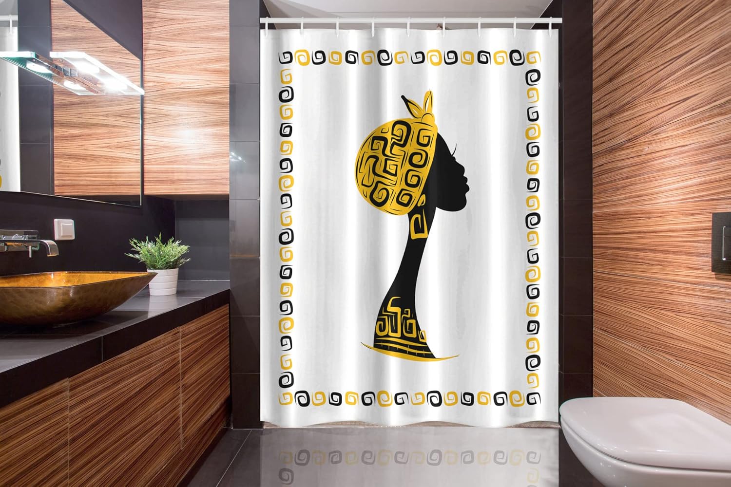 Ambesonne African Stall Shower Curtain, Female Head Portrait in Frame with Ornament Lines Design, Fabric Bathroom Decor Set with Hooks, 54" W x 78" L, Black Earth Yellow