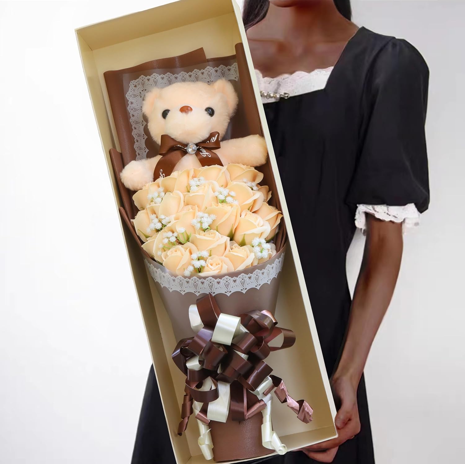 Cute Bear Bouquet - Handmade Plush Bear Bouquet with Cute Soap Flower for Any Occasions, Birthday, Bridal Shower, Graduation etc. (Champagne)