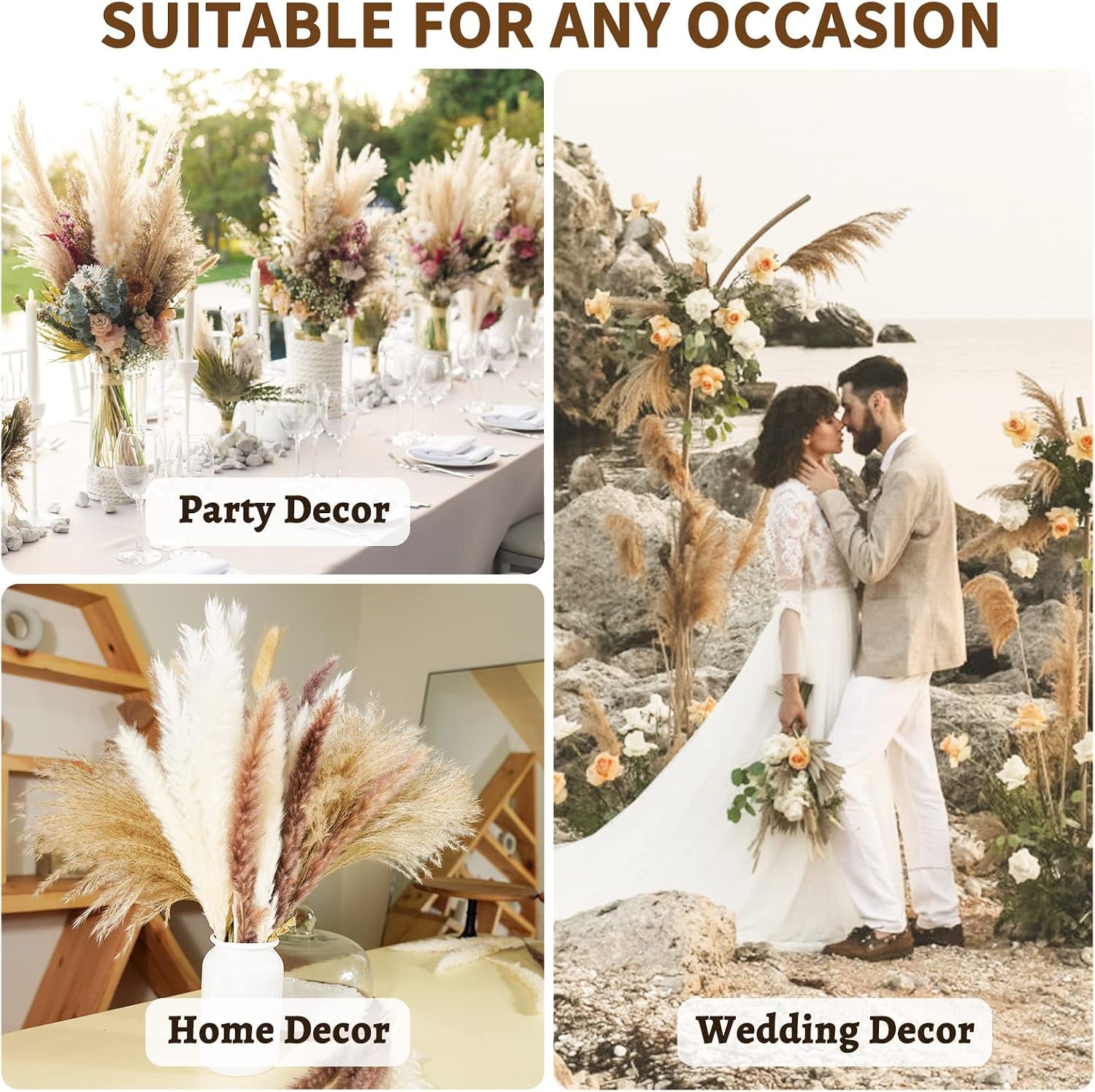 Seniny Pampas Grass, 80 Pcs Dried Pampas Grass Decor Tall 17", Natural Brown & White Pompous Grass | Bunny Tails Dried Flowers | Wheat Stalks | Reed for Boho Home Wedding Decor, Flower Arrangement
