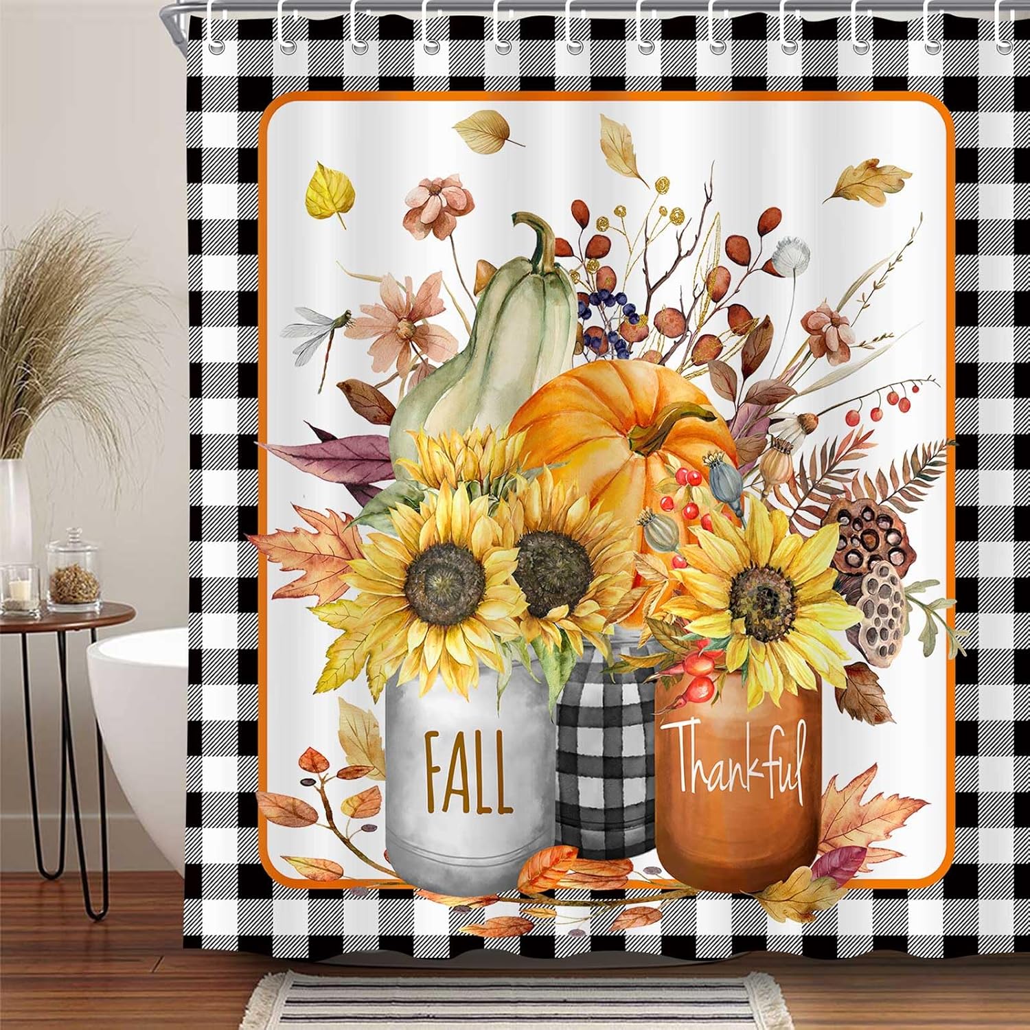 MCKTOM Fall Shower Curtain, Pumpkin Autumn Leaves Harvest