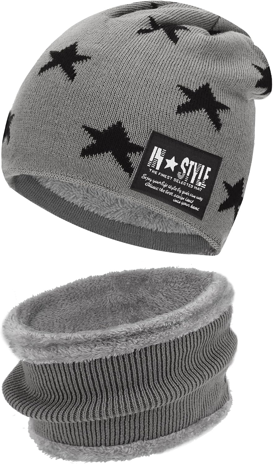 Kids Boys Girls Winter Warm Knit Beanie Hat Cap and Scarf Set with Fleece Lining