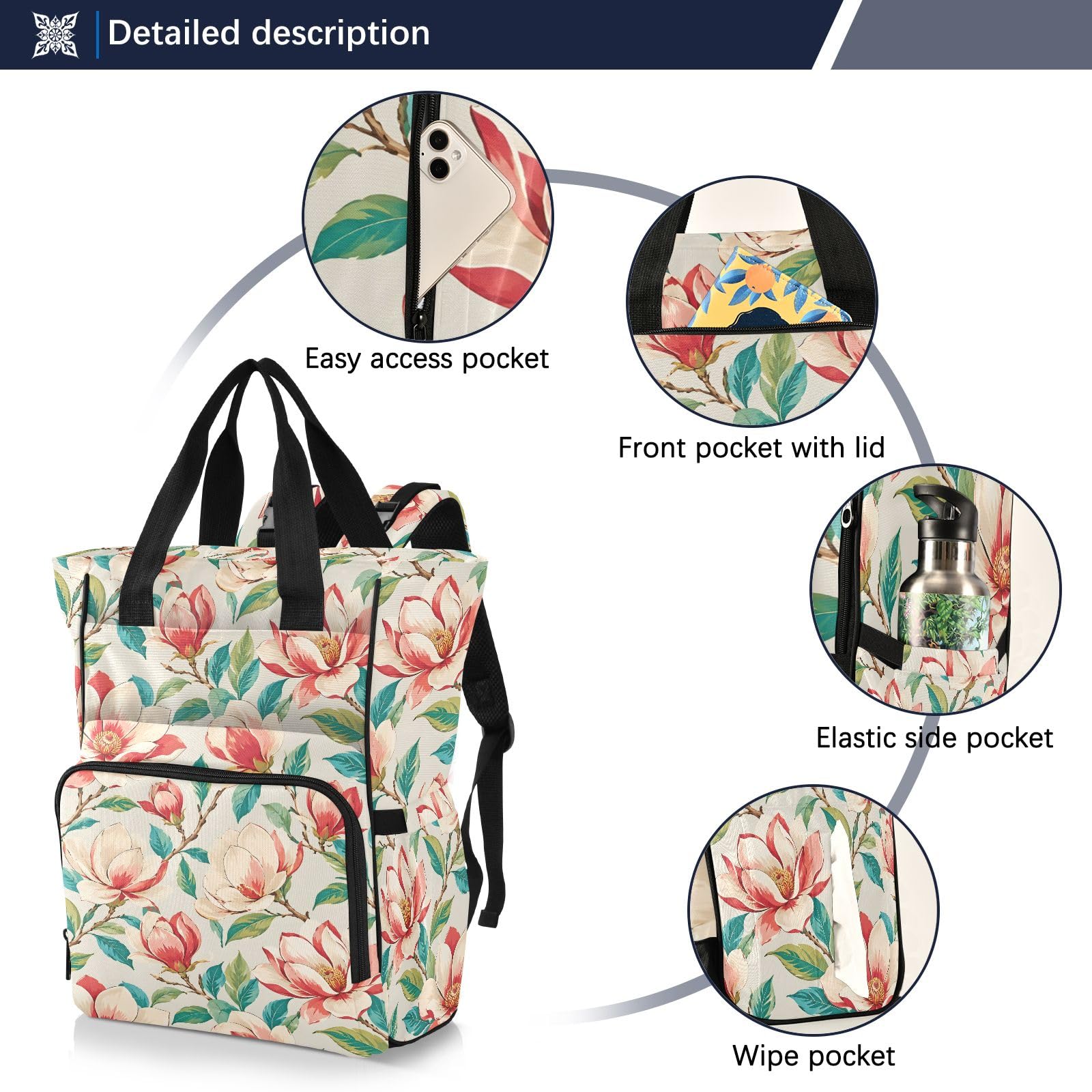 Mnsruu Red Gardenia Pattern Baby Diaper Bag Zaino Grande Borsa Impermeabile Viaggio Pannolino Borse per Mamme e Papà