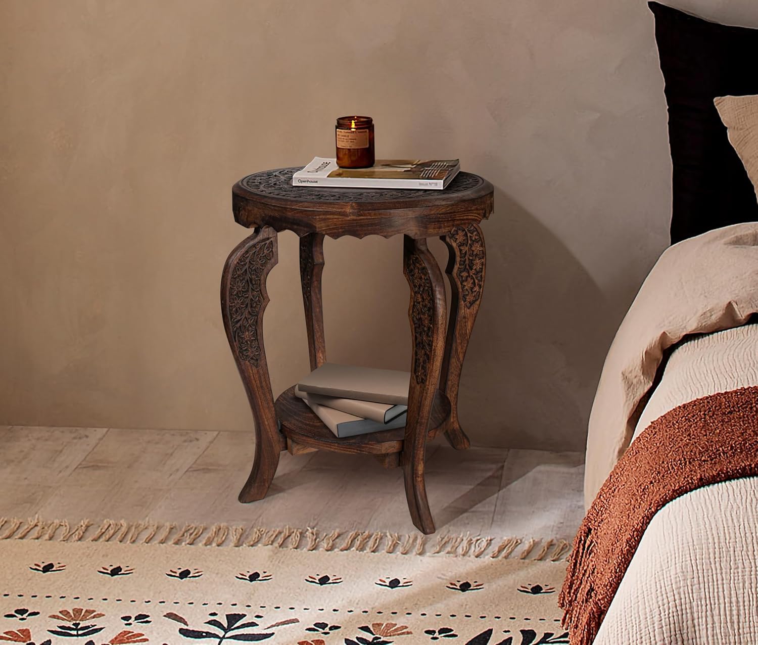 The Wooden Town Farmhouse Round Accent End Table,Rustic Side Table Nightstands for Living Room Bedroom,Coffee Tables,Wood Tray Top,Handcrafted Finish, 18"x22" - Burnt