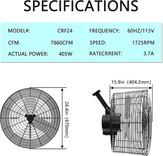 Greenhouse Circulation Fan Air Circulation Fan 1/2 HP 115V Ceiling Wall Mount Fan High Speed Circulation Fan for Greenhouse, Warehouse, Patio, Garage 7860CFM, ETL Listed
