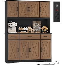 HOSTACK 71" Tall Pantry Cabinet with Charging Station, 55" Wide Kitchen Pantry Storage Cabinet with Countertop, Large Kitchen Hutch with Storage Drawers for Dining Room, Brown/Black