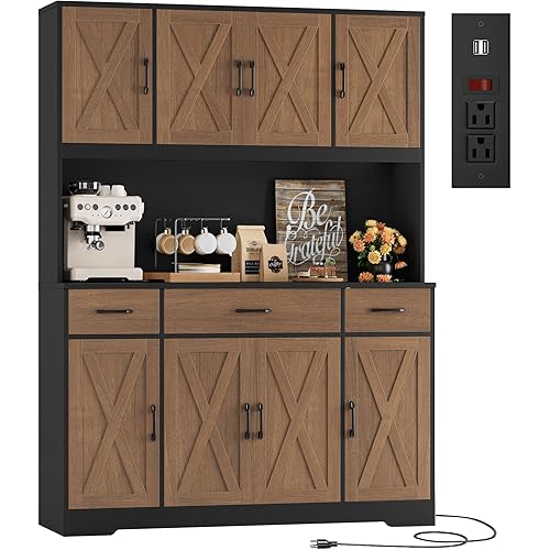 HOSTACK 71" Tall Kitchen Pantry Storage Cabinet with Charging Station, 55" Wide Kitchen Hutch Cabinet with Large Countertop, Farmhouse Food Pantry with Drawers for Living Room (Brown/Black)