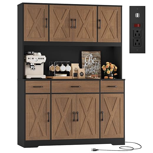 HOSTACK 71" Tall Pantry Cabinet with Charging Station, 55" Wide Kitchen Pantry Storage Cabinet with Countertop, Large Kitchen Hutch with Storage Drawers for Dining Room, Brown/Black