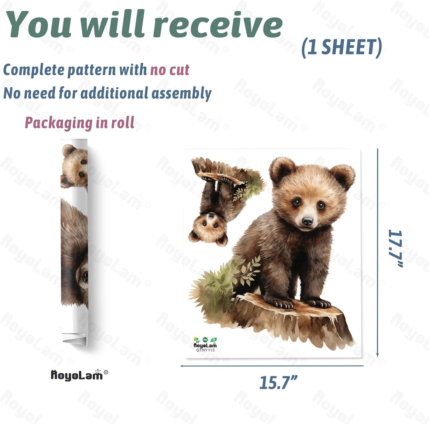 Lifelike Bear Standing on Tree Stump Wall Stickers for Nursery Little Bear Animal Wall Decal Stickers Peel and Stick Wall Art Home Decor Wall Stickers for Living Room Bedroom Classroom