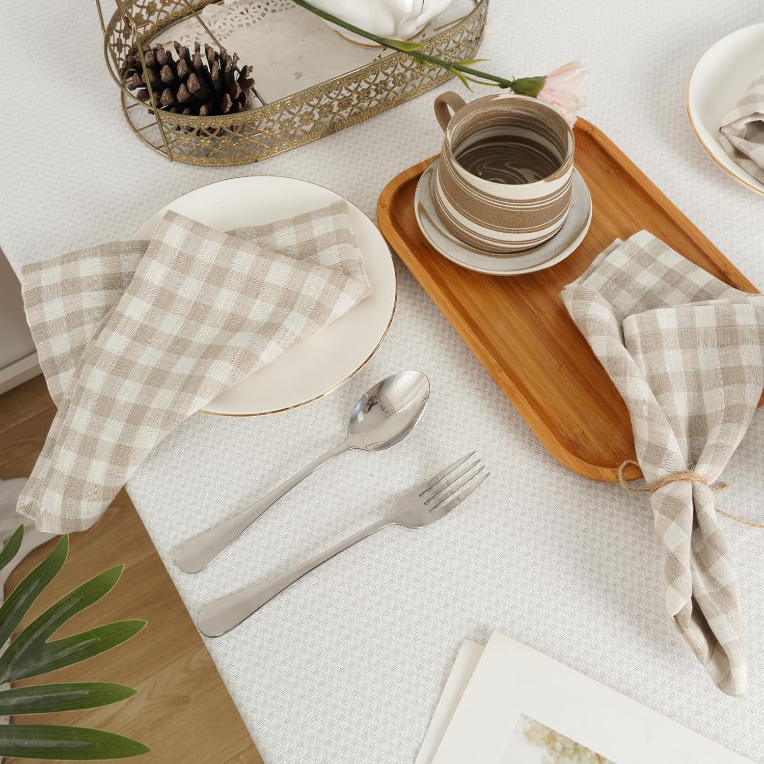 100% Pure Linen Napkins Set of 4 - Check Linen Dinner Napkins Cloth Washable 20 x 20 Inch for Home and Dining Decor,Wedding,Party (Khaki/Medium Check)