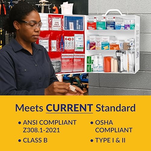 Miniatura 4 de MFASCO Kit de primeros auxilios compatible con ANSIOSHA 2021  Gabinete de metal comercial grande de 3 estantes para empresas, montaje en pared, con