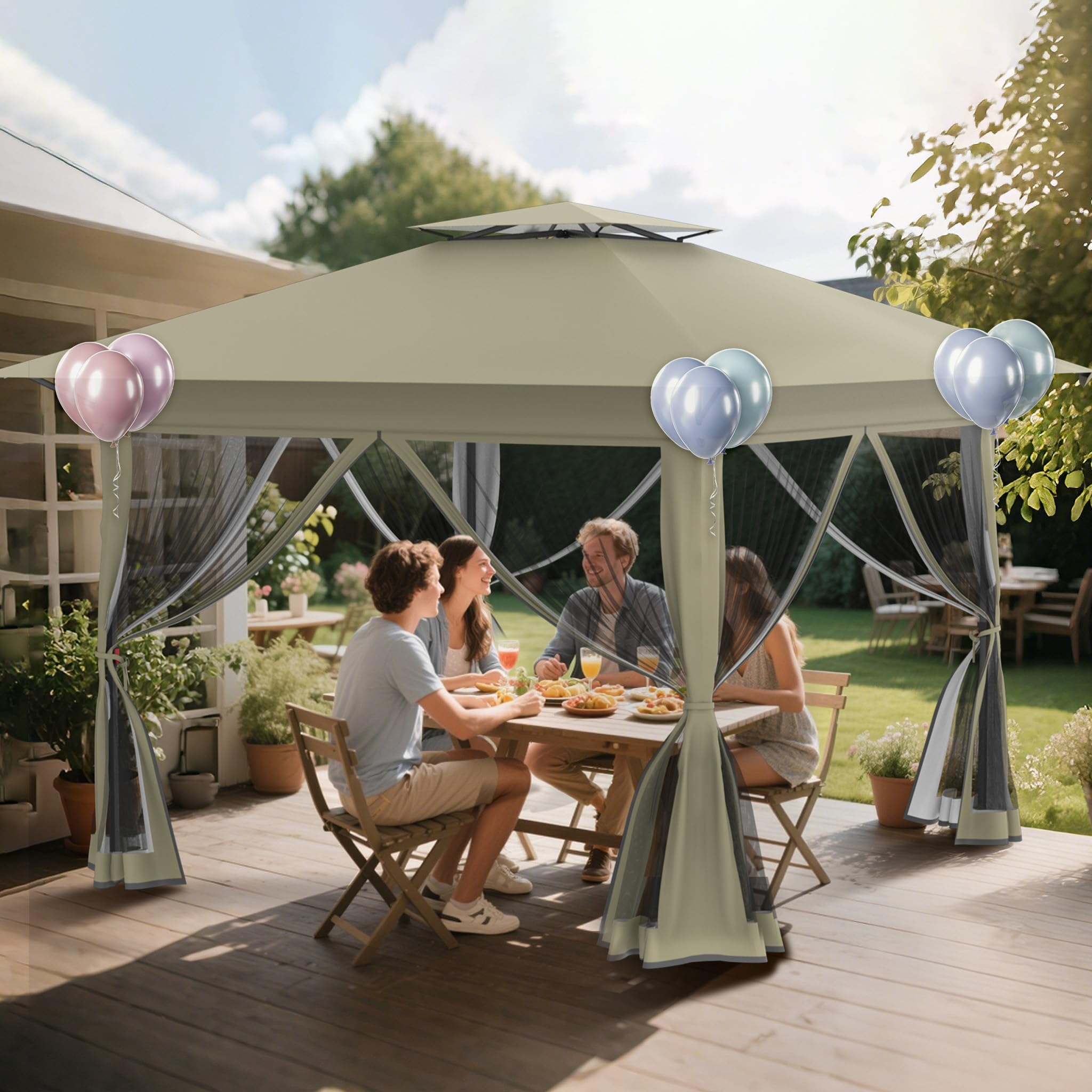 Aufun Gazebo da giardino Pop Up Padiglione 4x4m, protezione UV e zanzare, stabile gazebo pieghevole regolabile in altezza, tenda da giardino con 4 pannelli laterali con zanzariera e tetto doppio