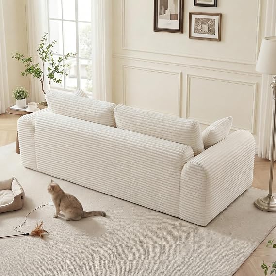 GDFStudio 87 3-Seater Couch, Modular Sectional Sofa, Deep Seat Boneless Corduroy Cloud Sofas & Couches with 2 Pillows & Armrest, No Assembly Required Comfy Floor Couch in a Box for Living Room, White