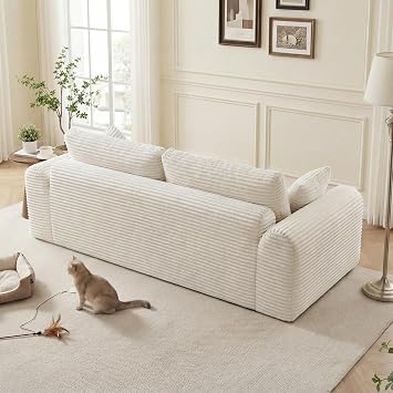 GDFStudio 87 3-Seater Couch, Modular Sectional Sofa, Deep Seat Boneless Corduroy Cloud Sofas & Couches with 2 Pillows & Armrest, No Assembly Required Comfy Floor Couch in a Box for Living Room, White