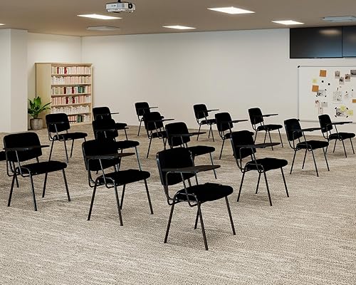 Miniatura 10 de Juego de 5 sillas negras con brazo para tableta, cómodas de poliuretano, para oficina, sala de espera, apilables, sillas de recepción con mesa