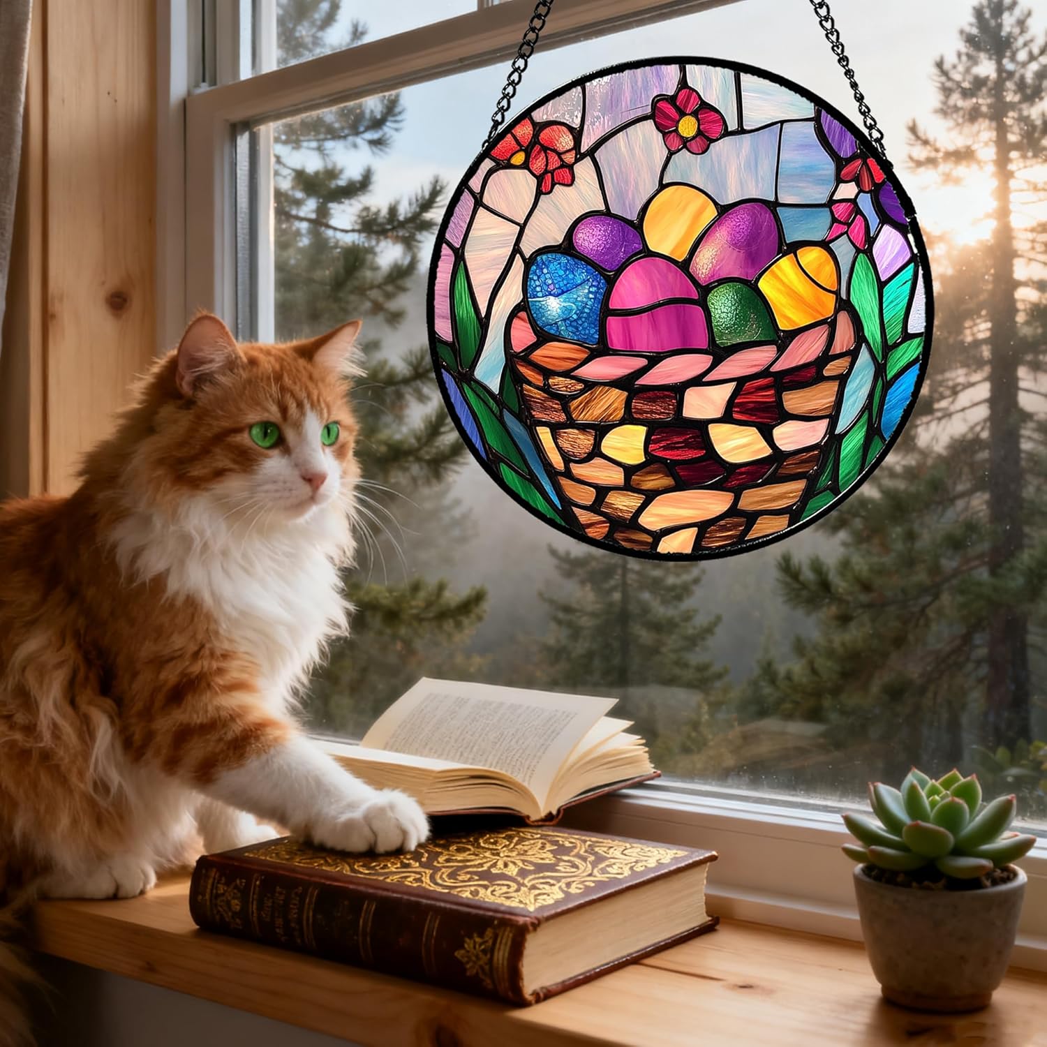 CHATYOUNG Stained Glass Window Hanging Basket Easters Egg 9.8" - Color Suncatcher Door Garden Home Decor and Christmas Mother's Day Birthday Easter Gifts Grandma Mom Nana Women Christians