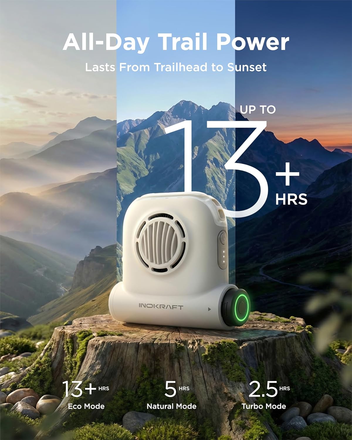 InoKraft Trail Fan, Clip-On Waist Fan, Includes 1 Swap-On 4Ah Rechargable Battery, 49ft/s Turbo Personal Fan, Hands-Free Portable Cooling Fan for Hiking, Camping & Outdoor Work, Shell White