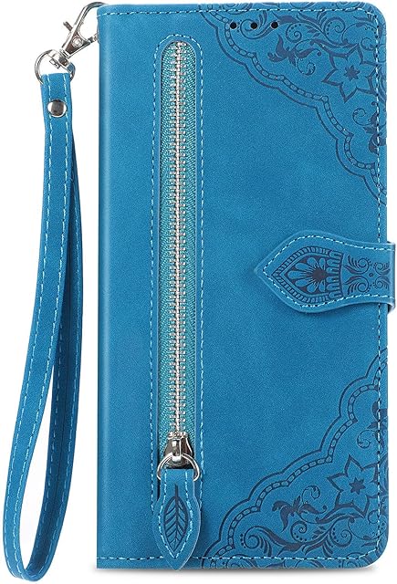 NEXCURIO Zip Wallet Case Compatible with Samsung Galaxy A23 / M23 5G / M13 4G Phone Case Wallet with Credit Card Holder Strap Stand Women Leather Flip Case Floral Folding Cover Shockproof - Blue