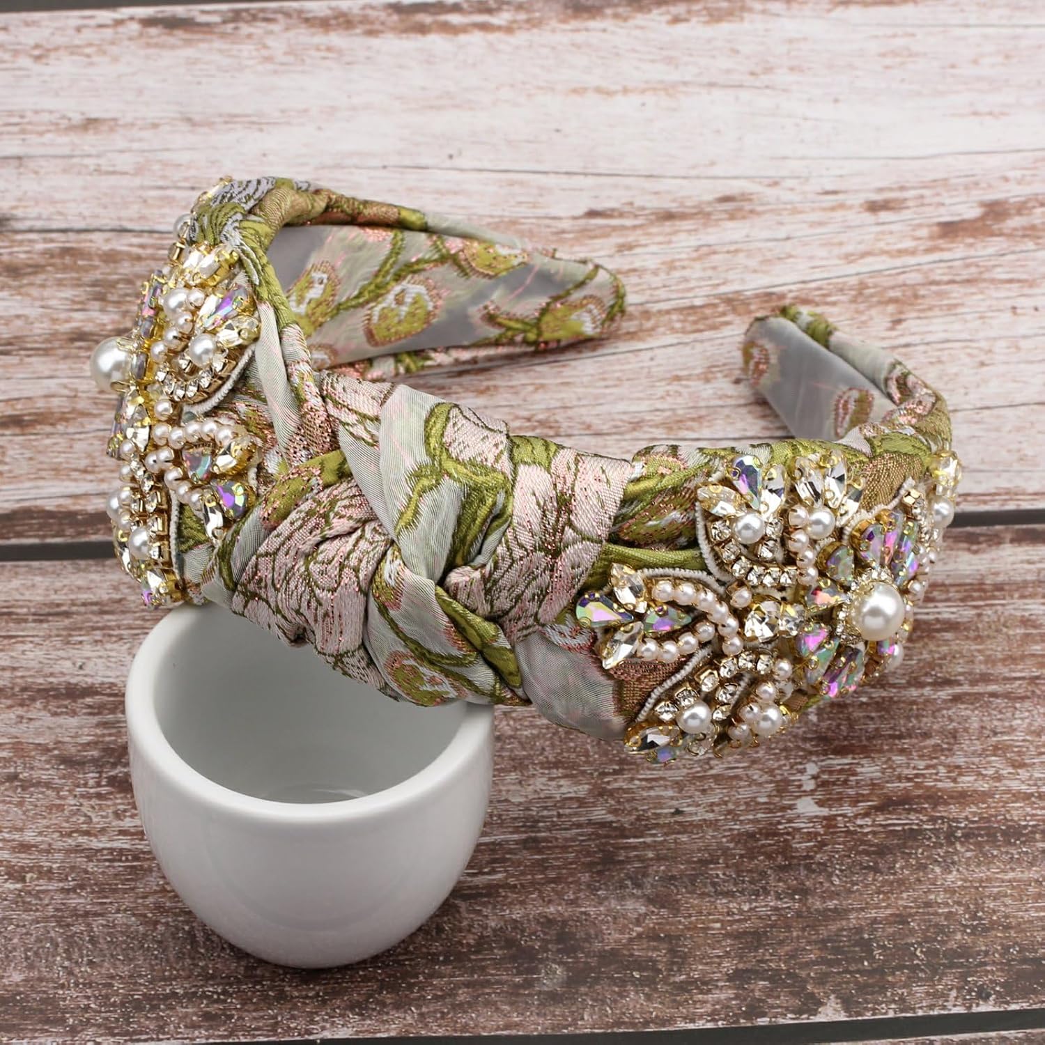 Knotted Crystal Flower Headband for Women Embroidered Rhinestone Floral Luxury Pearl Bead Wide Vintage Hairband Hair Accessories (H1121-green)
