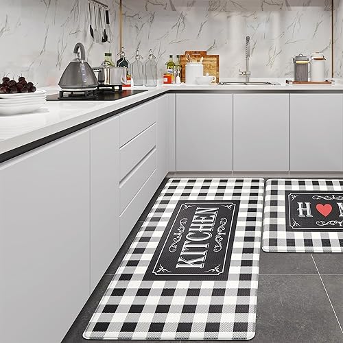 Buffalo Plaid Kitchen Mat Sets 2 Piece Non Skid Waterproof Kitchen Rugs and Runner Sets Cushioned Anti-Fatigue Comfort Mat for Home & Office,