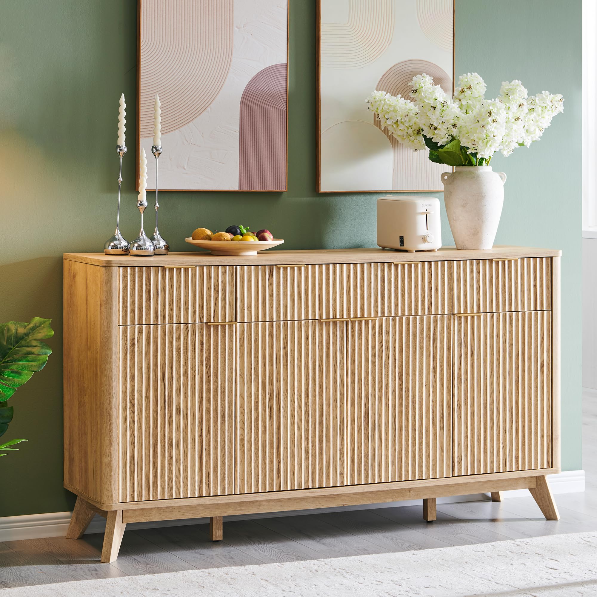 Lamtor Fluted Sideboard Cabinet – 2 Doors, 3 Drawers, Walnut Accent Storage