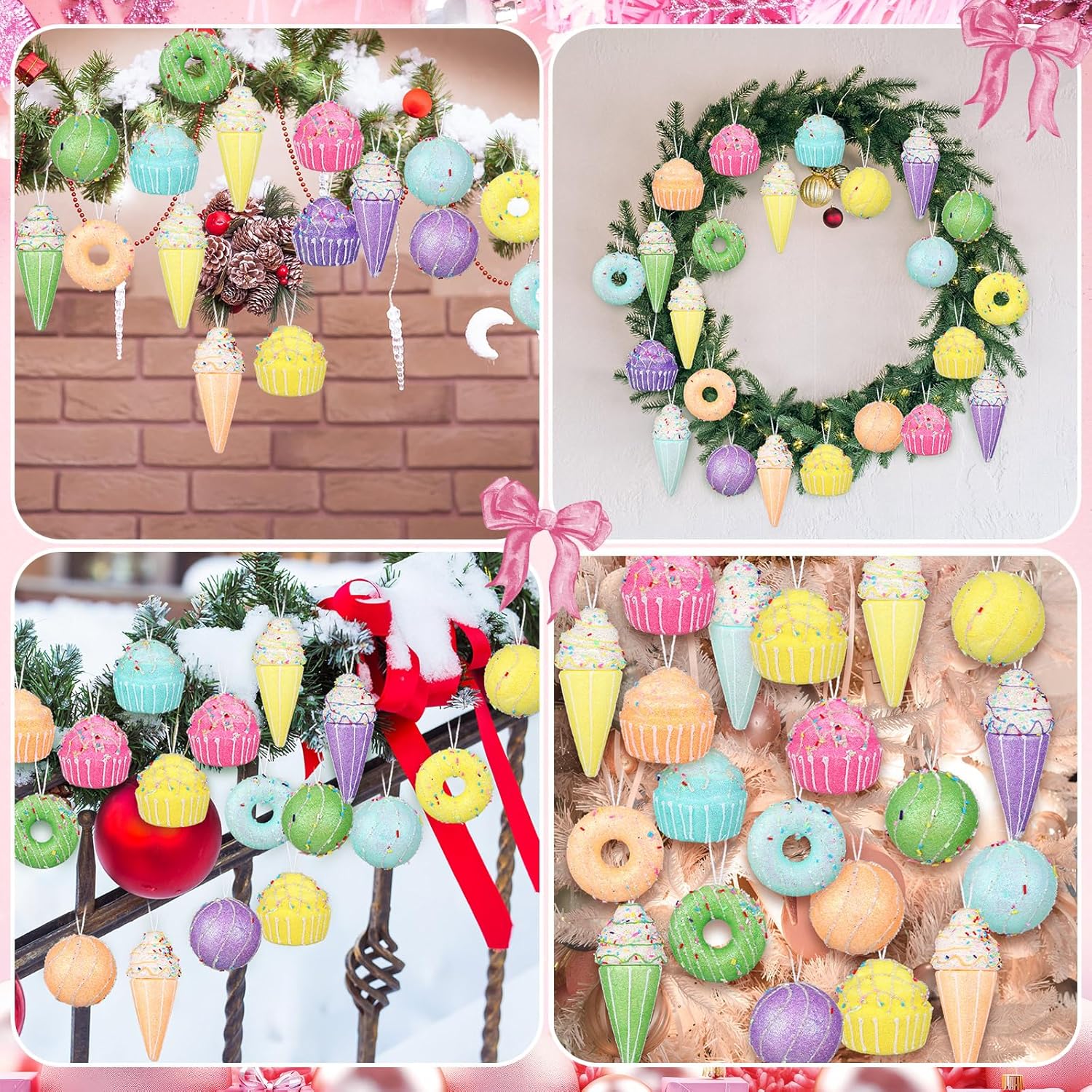 Gejoy 24 Pcs Pastel Dessert Theme Christmas Tree Ornament Sets Pastel Hanging Donut Ice Cream Cupcake Ball Candy Pendants for Xmas Holiday New Year Birthday Baby Shower Party Supplies