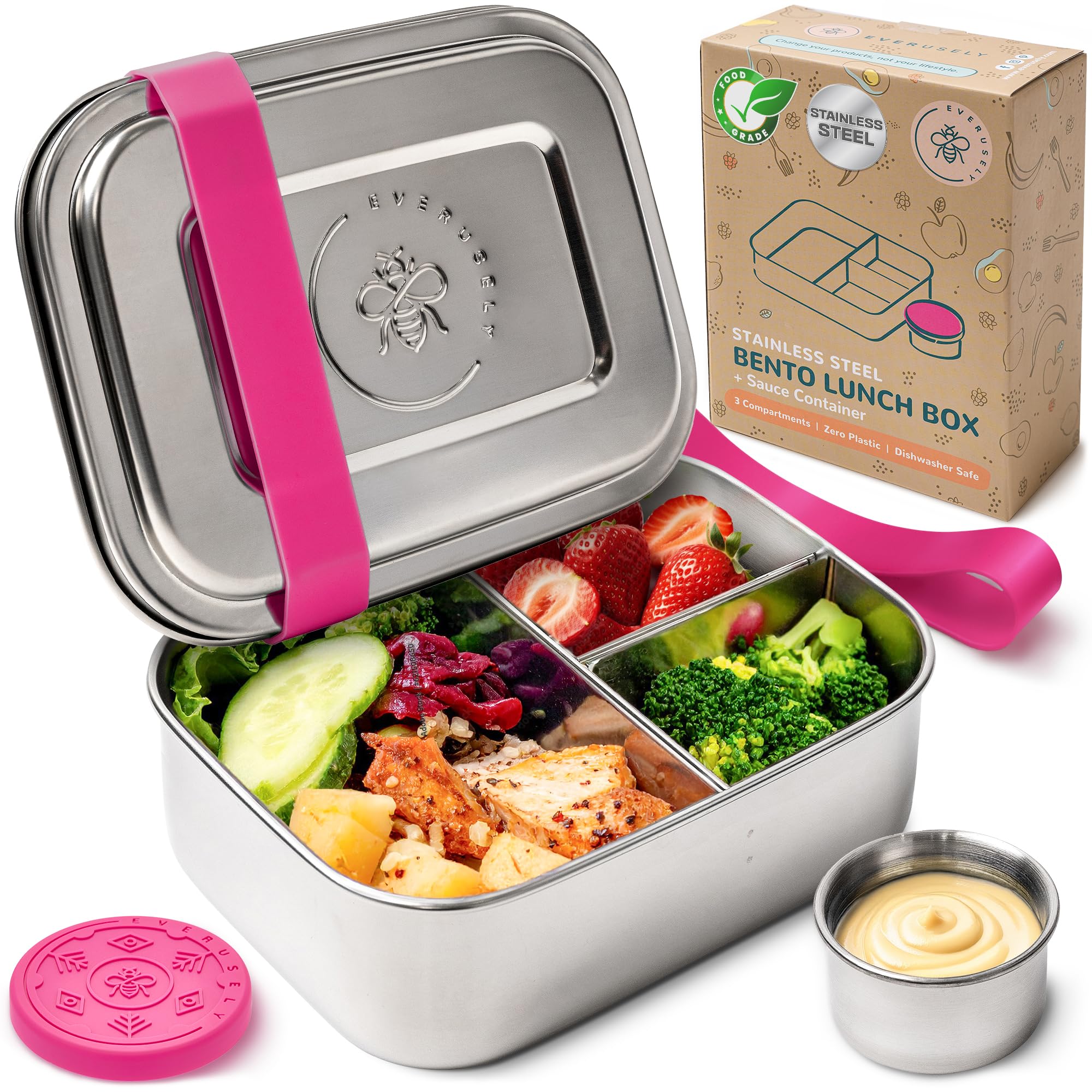 Everusely - Bento Box - Dragon Fruit, 27oz / 0.8 L - Stainless Steel Lunch Box with Leakproof Condiment Container - 3 Compartment Snack Container Office Meals - Freezer & Dishwasher Safe