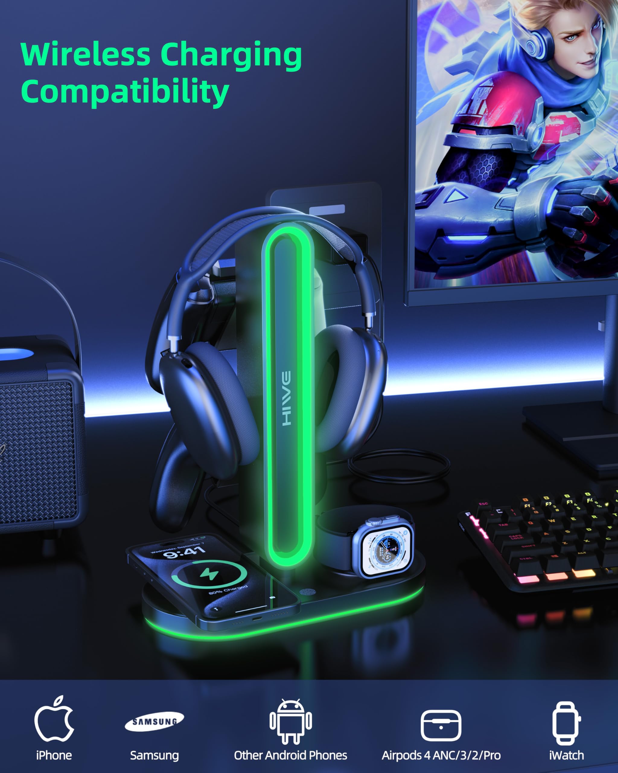 HiWe Supporto universale per cuffie da gioco RGB con 2 supporti per controller, caricabatterie wireless per iPhone/iWatch, ABS solido, base antiscivolo, nero