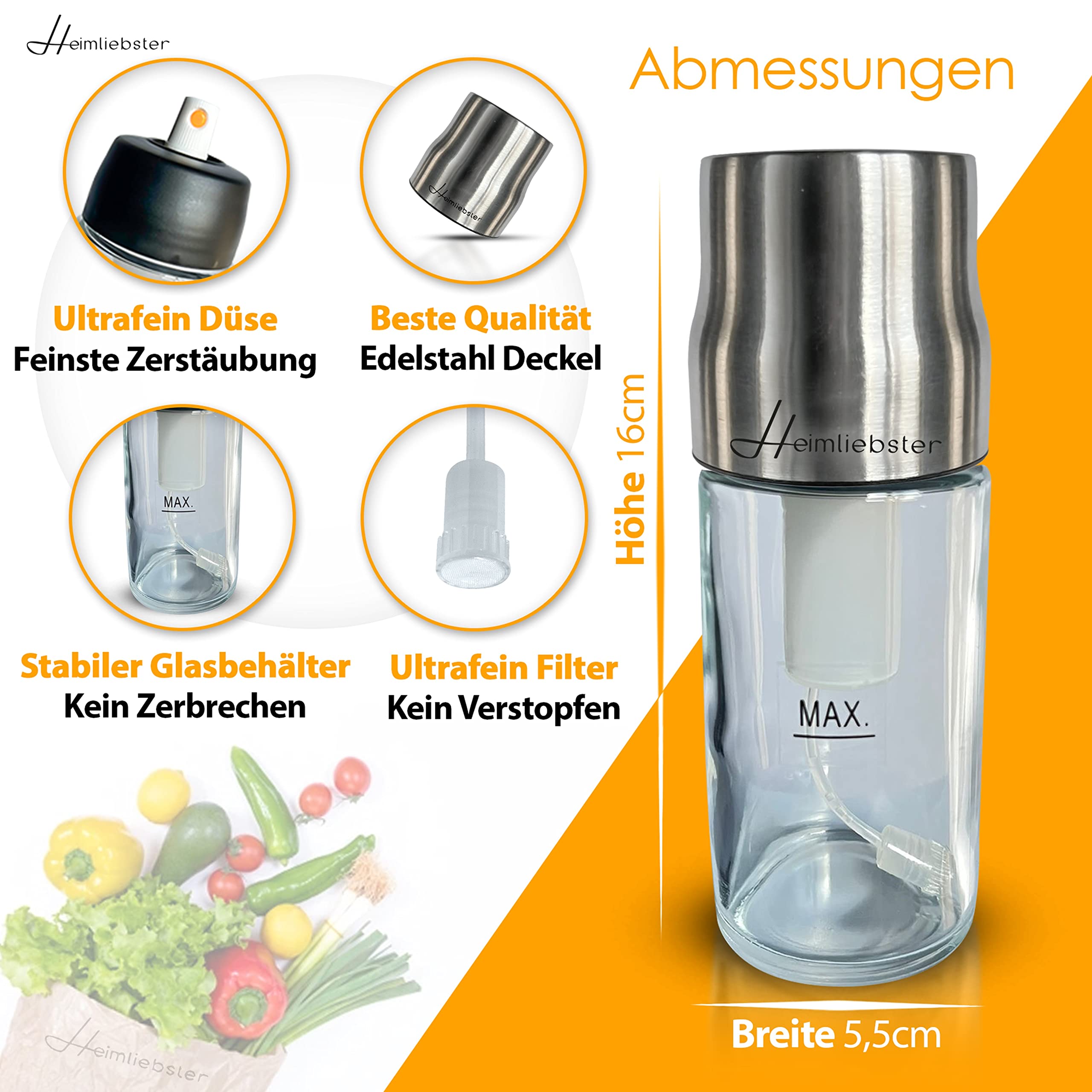 HEIMLIEBSTER Pump lsprher  Sehr feine und starke Zerstubung fr alle  le und Essig  l Sprhflasche mit Edelstahldeckel und prziser lspray -  Premium lsprher fr Speisel : Amazon.de: Kche, Haushalt & Wohnen