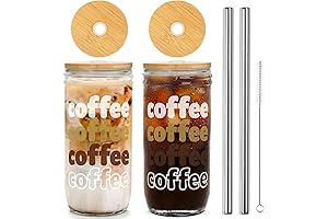 Anotion 2-Pack Glass Cups with Lids and Straws