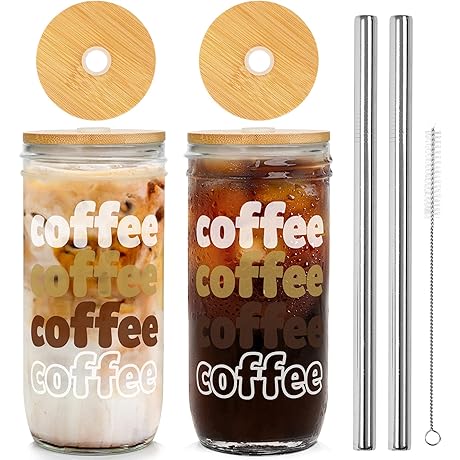 Anotion 2-Pack Glass Cups with Lids and Straws