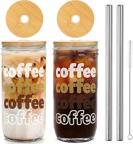 ANOTION Taza de café helado, tarro Mason con tapa y pajilla, vaso de boca ancha de 24 onzas, vasos reutilizables para beber batidos y agua, botellas disponible en Yaxa Peru