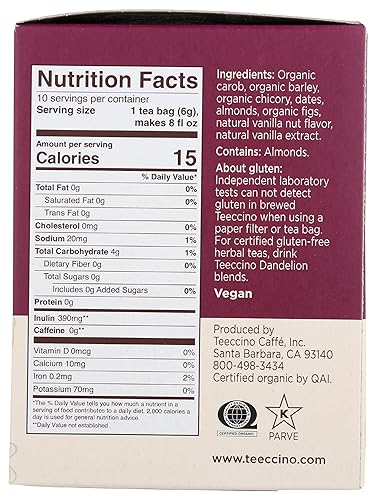 Miniatura 7 de Teeccino Té de hierbas de nuez de vainilla, té de hierbas rico y tostado sin cafeína y prebiótico para energía natural, 10 bolsas de té
