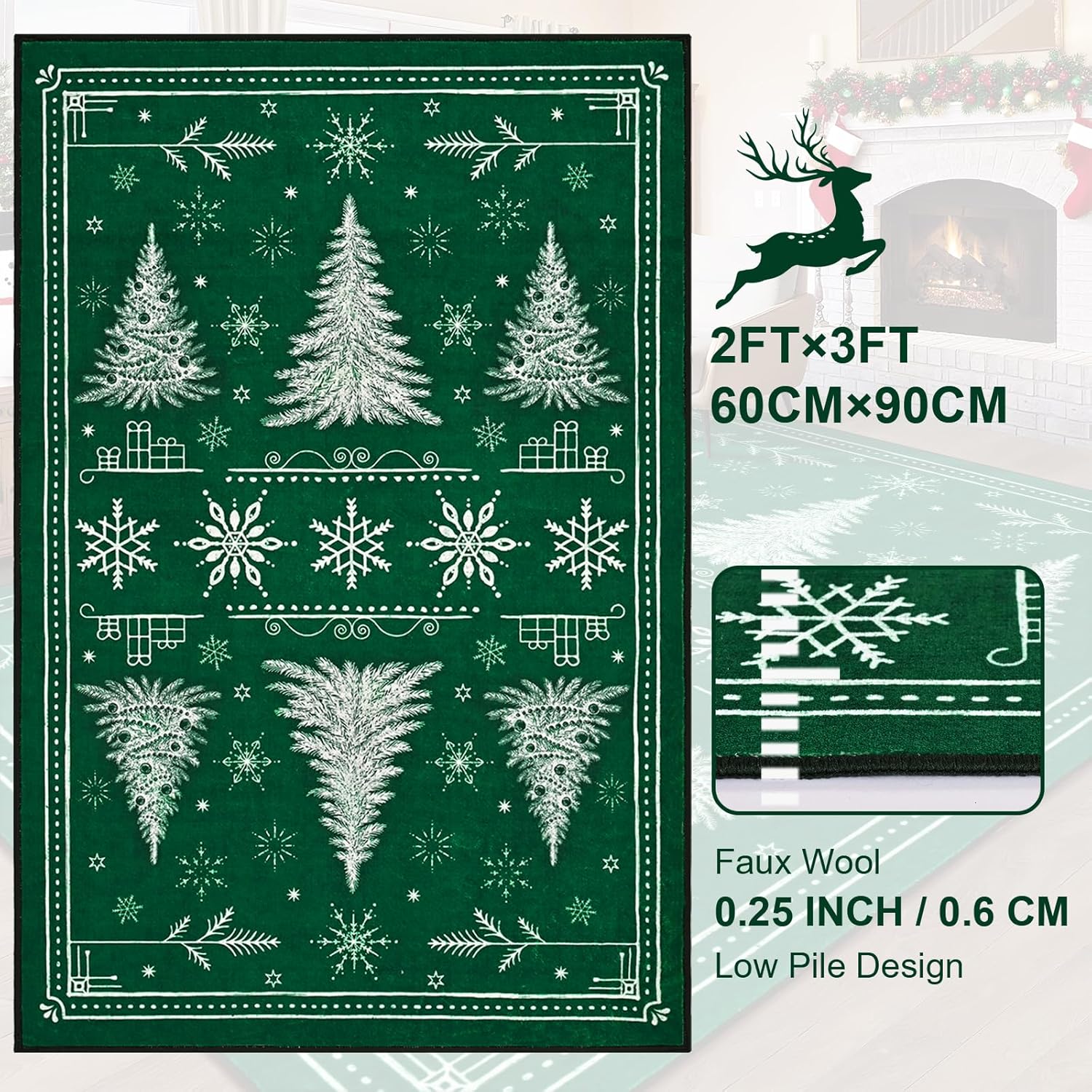 Yinhua Christmas Area Rug 2x3, Christmas Tree Entryway Rug, Snowflake Washable Rugs Non-Slip Rugs for Entryway Soft Low Pile Door Mat for Doorway Bedroom Office Laundry Kitchen Winter Decor, Green