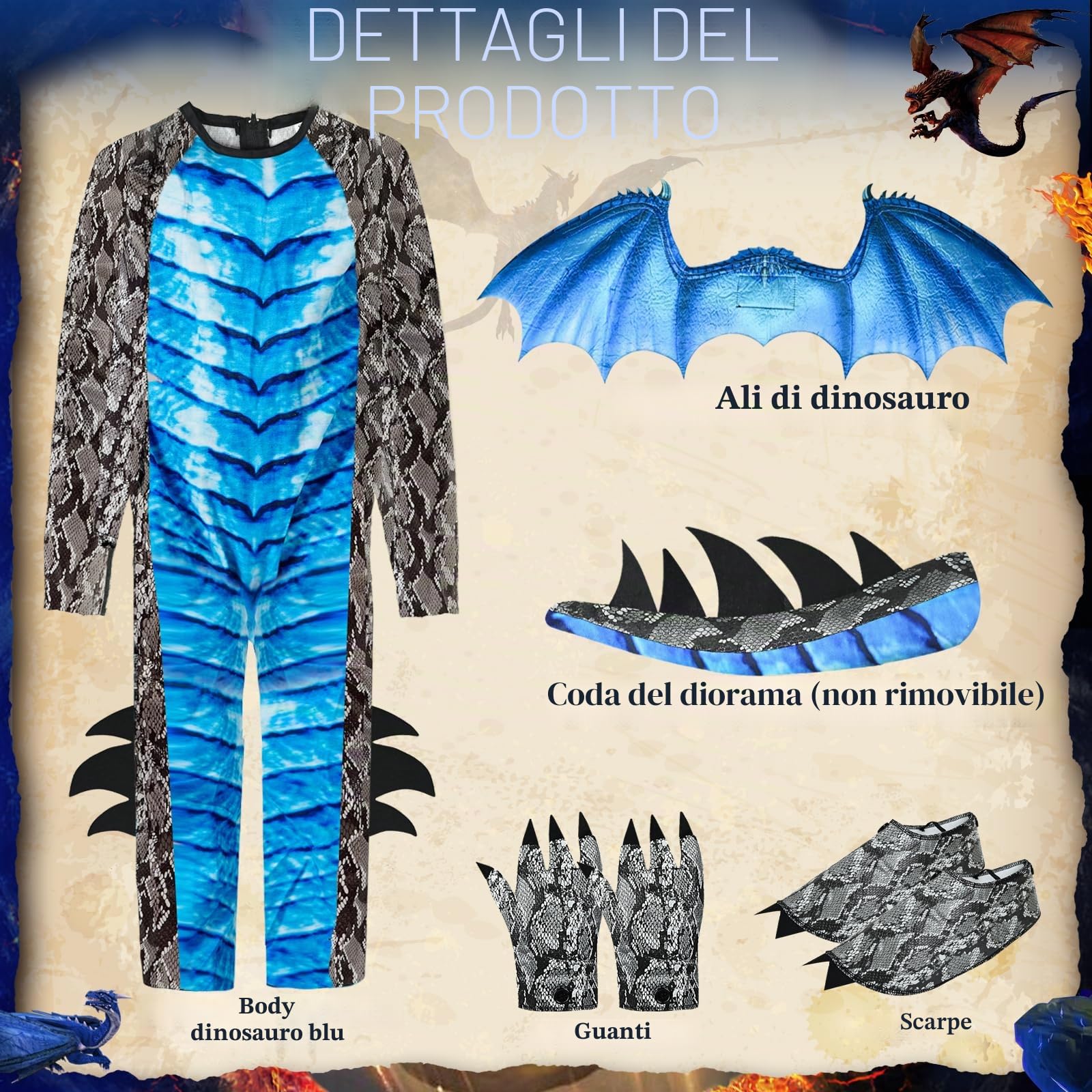 Ulikey Costume da Drago Bambino, Costume Carnevale Ragazzi, con Ali di Drago, Maschera da Drago, Dinosauri per Bambini Blu Rosso, Drago Tute per Bambini Carnevale Halloween Feste Cosplay