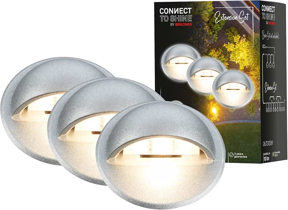 BRILONER - éclairage de jardin Connect to Shine 12V, lot de 3 spots encastrables au sol avec éclairage latéral, kit d'extension, IP65, lumière blanc chaud, spots encastrables au sol, 35x36 mm, argent