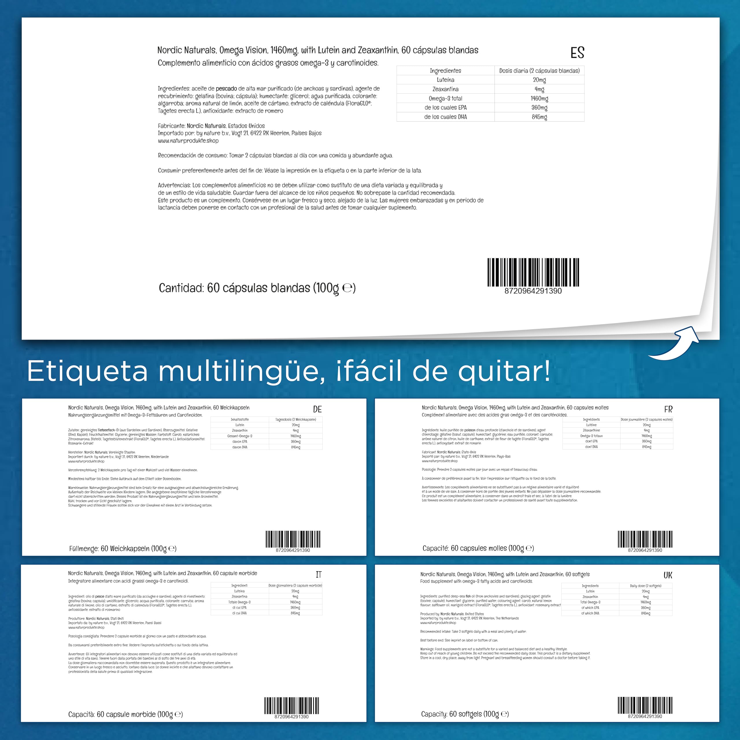 Nordic Naturals, Omega Vision, 1460mg Omega-3, con Luteína y Zeaxantina, Alta Dosificación, Sabor Limón, 60 Cápsulas blandas, Testado en Laboratorio, Sin Soja, Sin Gluten, Sin OGM