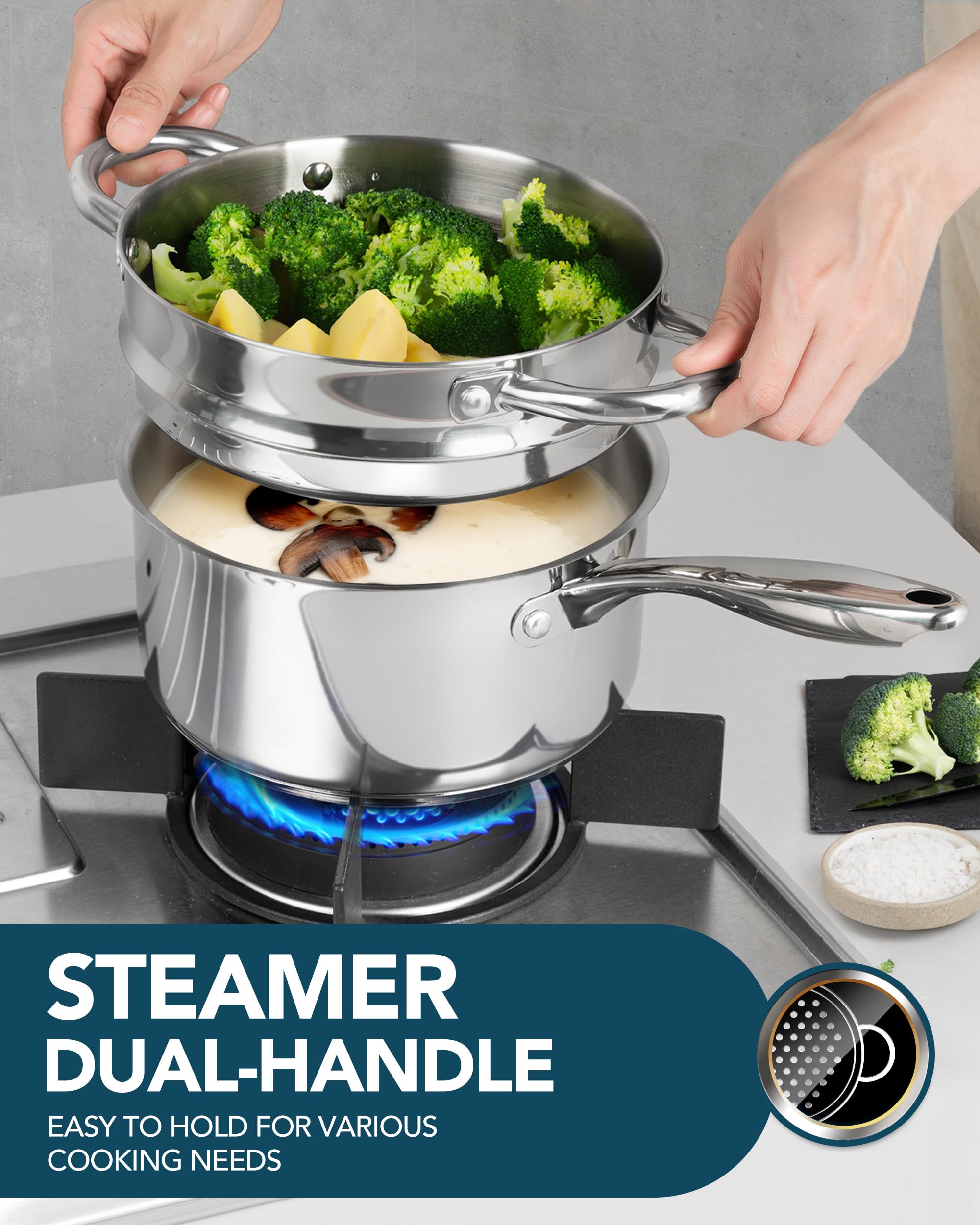 MICHELANGELO Casseruola da 1,5 litri con vapore, casseruola in acciaio inox con coperchio, compatibile con induzione a triplo fondo, pentola multiuso per salse, lavabile in lavastoviglie