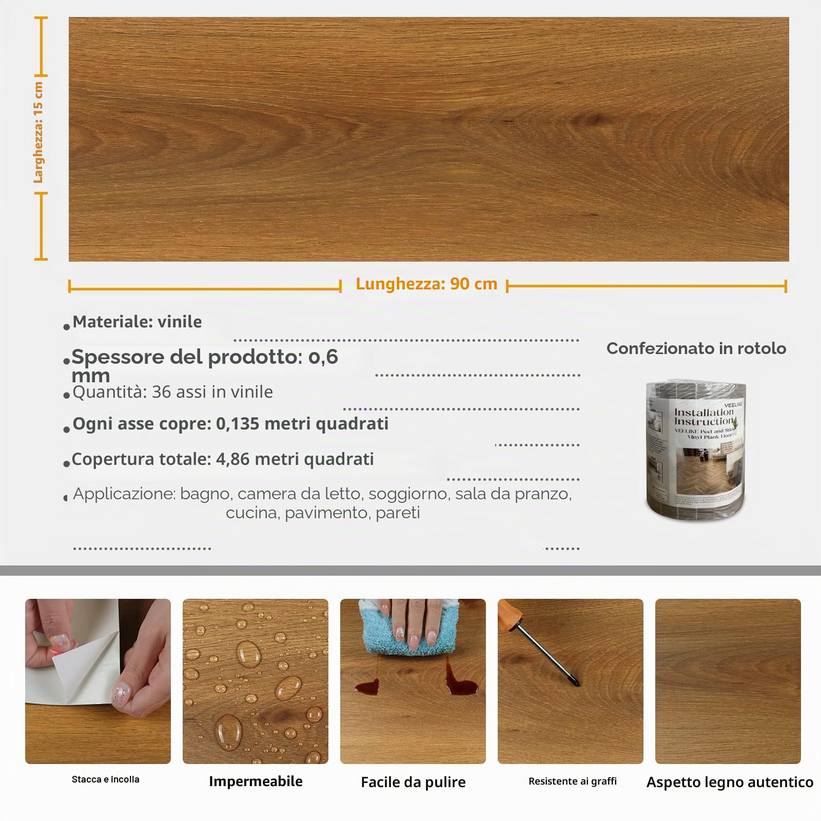 VEELIKE Pavimento PVC Adesivo Effetto Legno Marrone Pavimenti in PVC Rotoli Mattonelle Adesive Cucina Adesivi per Piastrelle Bagno Impermeabili Piastrelle Adesive Pavimento Salotto 90cm×15cm 36 Pezzi