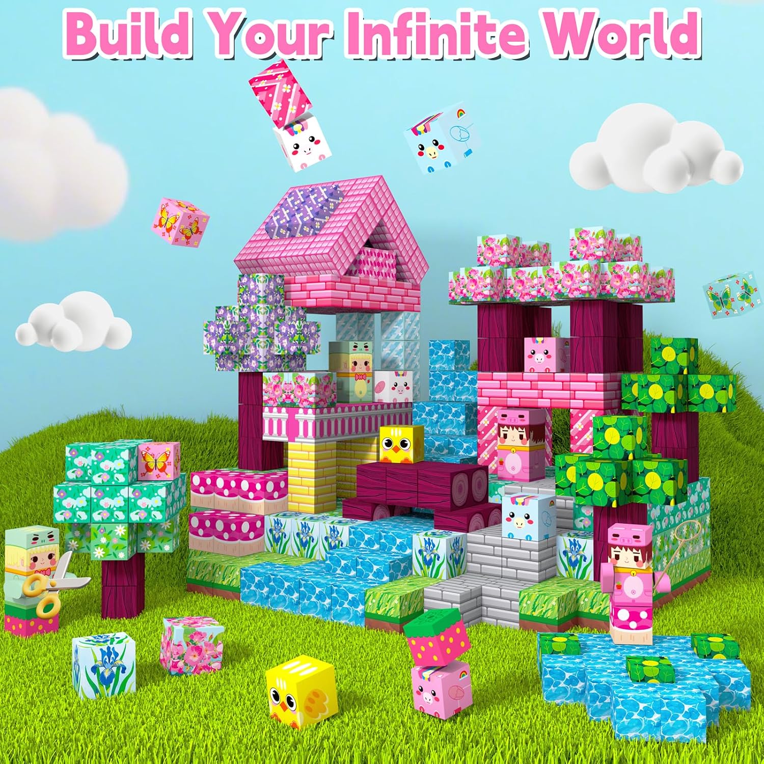 200 PCS 0.8in Magnetic Blocks,Magnetic Building Cubes, Build Flower World Set,Stacking Magnets, STEM Sensory Toys for Ages 3+ Toddlers Kids Girl Boys Easter Birthday Gifts