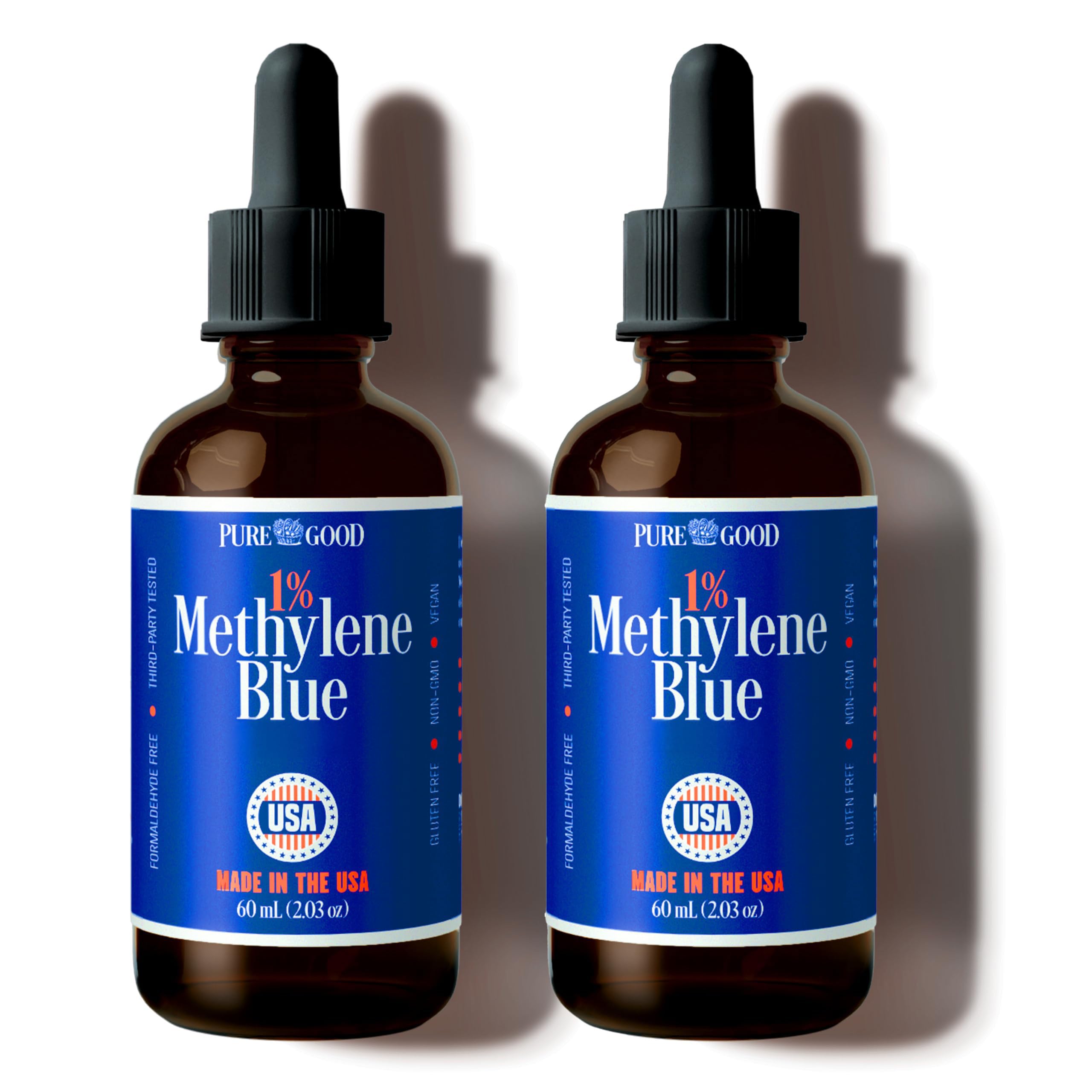 PureGood Glass 2 Pack Pharmaceutical-Grade Methylene Blue 1% Solution (60 mL), USP-Grade, Third-Party Tested, Formaldehyde & Alcohol-Free, Methylene Blue for Humans in Amber Dropper Bottles