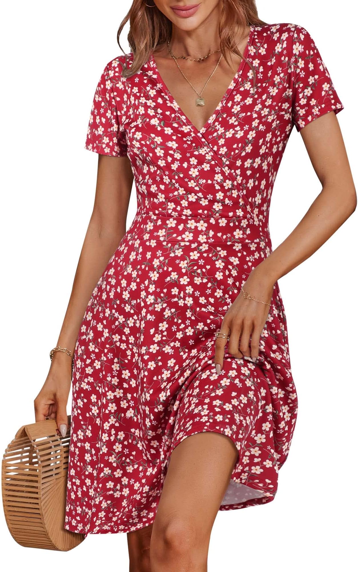 MSBASIC Womens Wrap Dress V Neck Knee Length Short Sleeve Ditsy Floral Summer Dresses for Women(Red Floral,S)