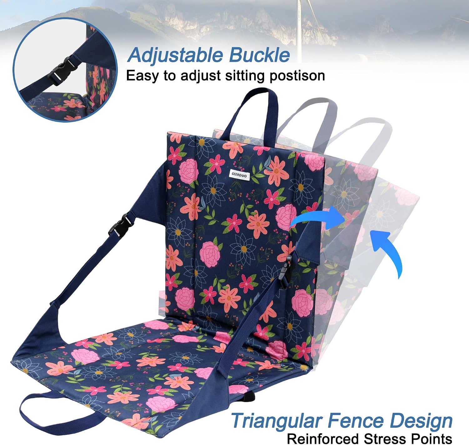 2-Fold Portable Stadium Cushion with Back Support, Waterproof Foldable Seat Pad for Camping, Sports, Beach, Park, Picnic, Lightweight Travel Chair, Blue Floral