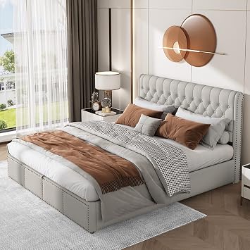 BTM Upholstered Bed, Super King Size Bed-6FT(180 * 200cm), Super King Bed Frame with Storage, Ottoman Bed King Size with Hydraulic Lever & Rivet Decoration, No Mattress, Linen, Light Grey