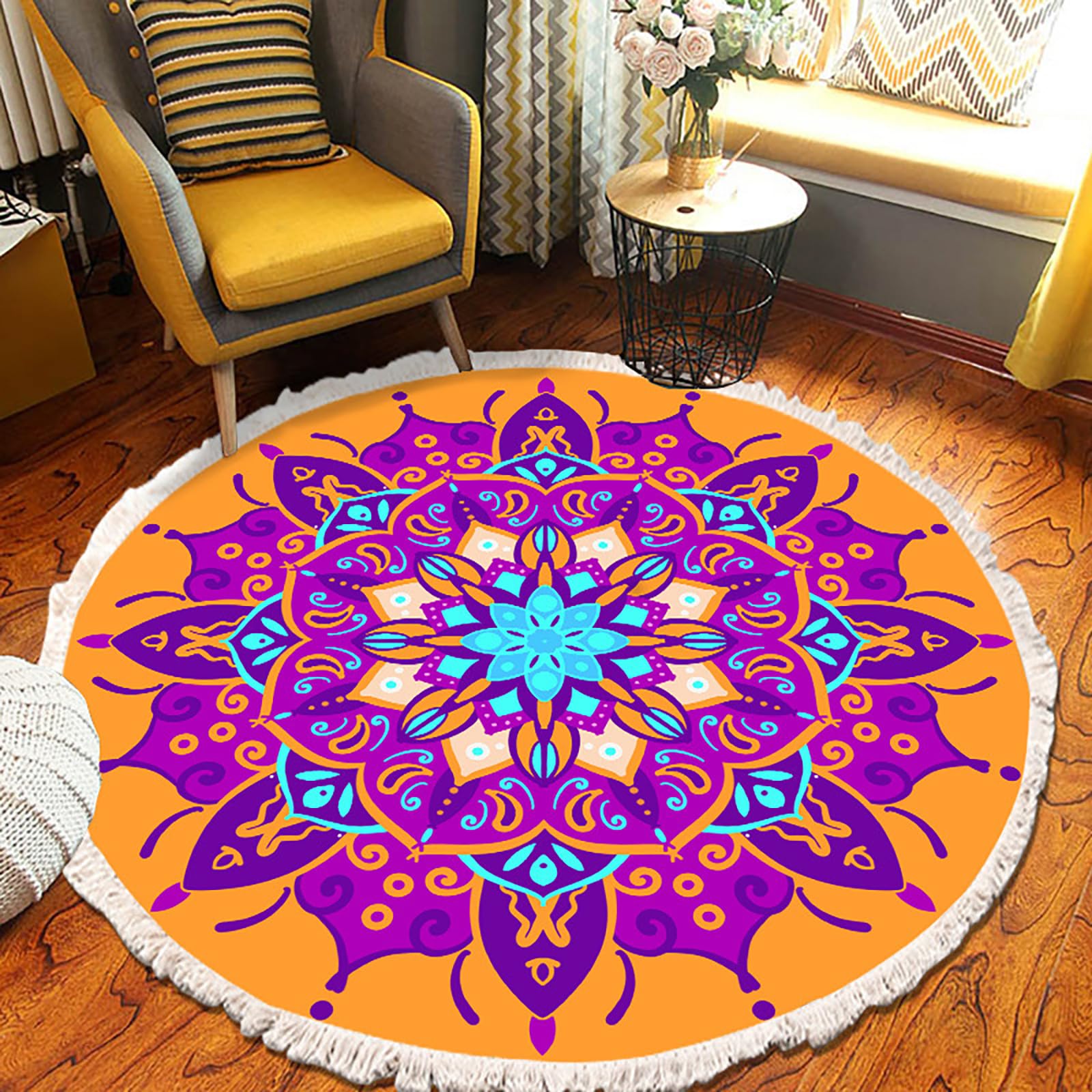 Tapis rond lavable en machine antidérapant et à poils courts