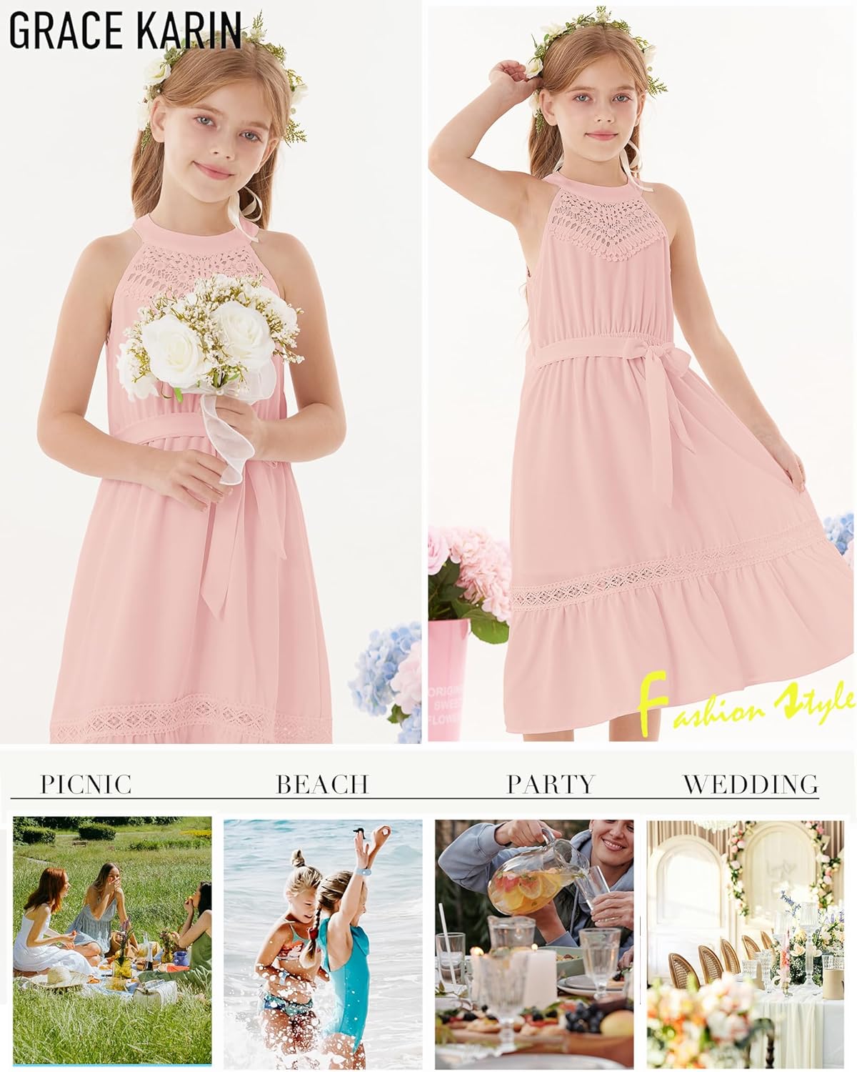 GRACE KARIN Girls Dresses Summer Spring Halter Maxi Dress Kids Ruffle Casual Flower Pleated Sun Dress Size 5-14 - Image 6