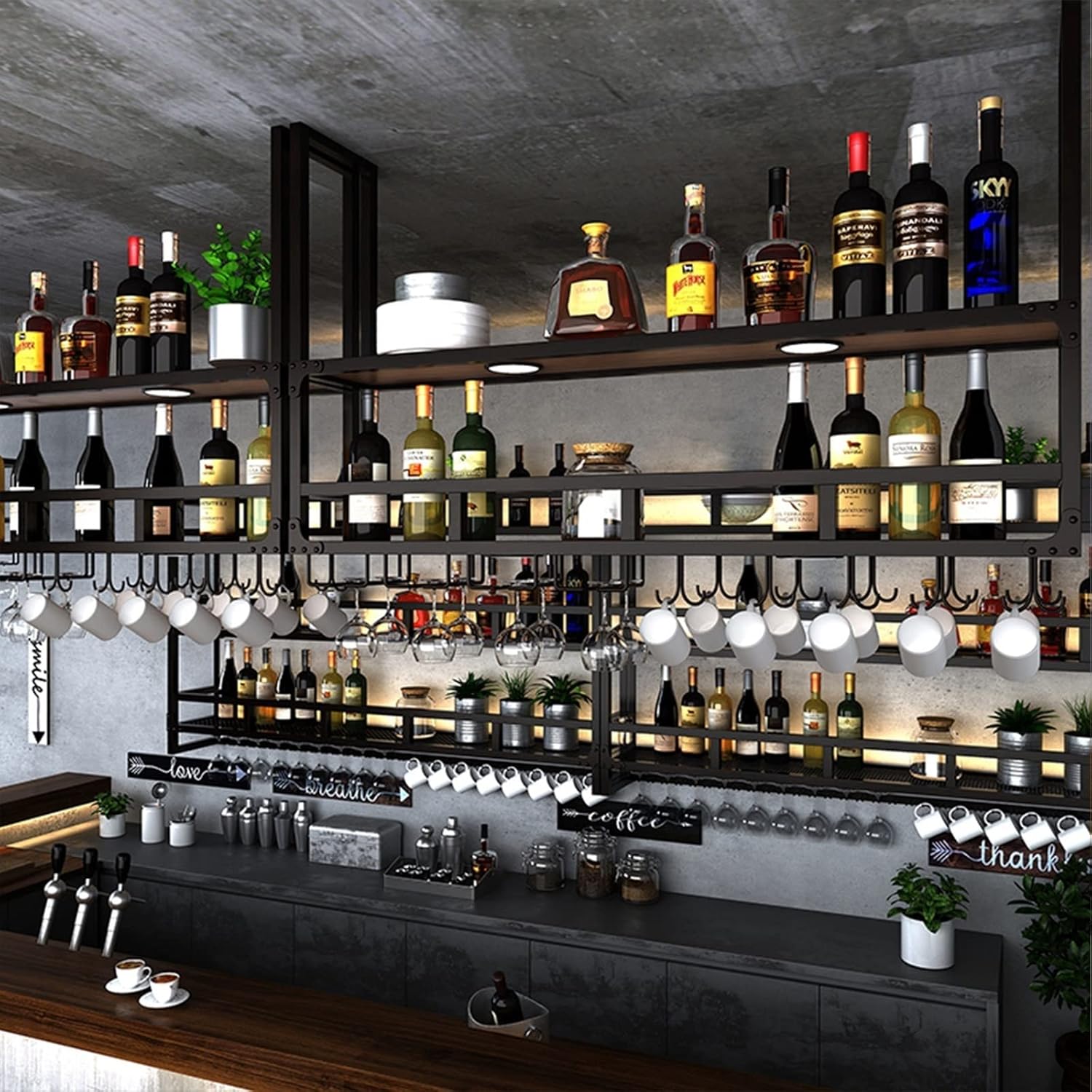 Hanging Inverted Bottle Rack - Ceiling Wine Glass Holder, Floating Wrought Iron Plant Stand, 2-Tier Wall-Mounted Rack, Space Saving Storage Bar/Kitchen/Living Room (100 * 30 * 80cm)