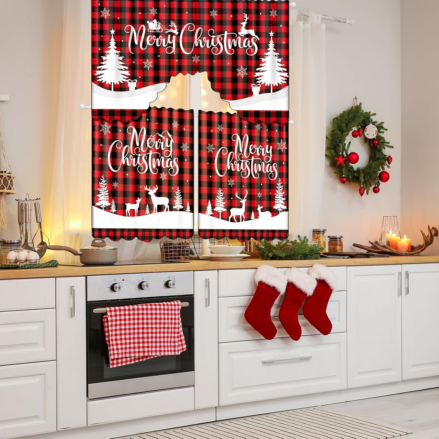 Frienda 3 Pcs Christmas Kitchen Curtain Red Black Buffalo Plaid Window Set