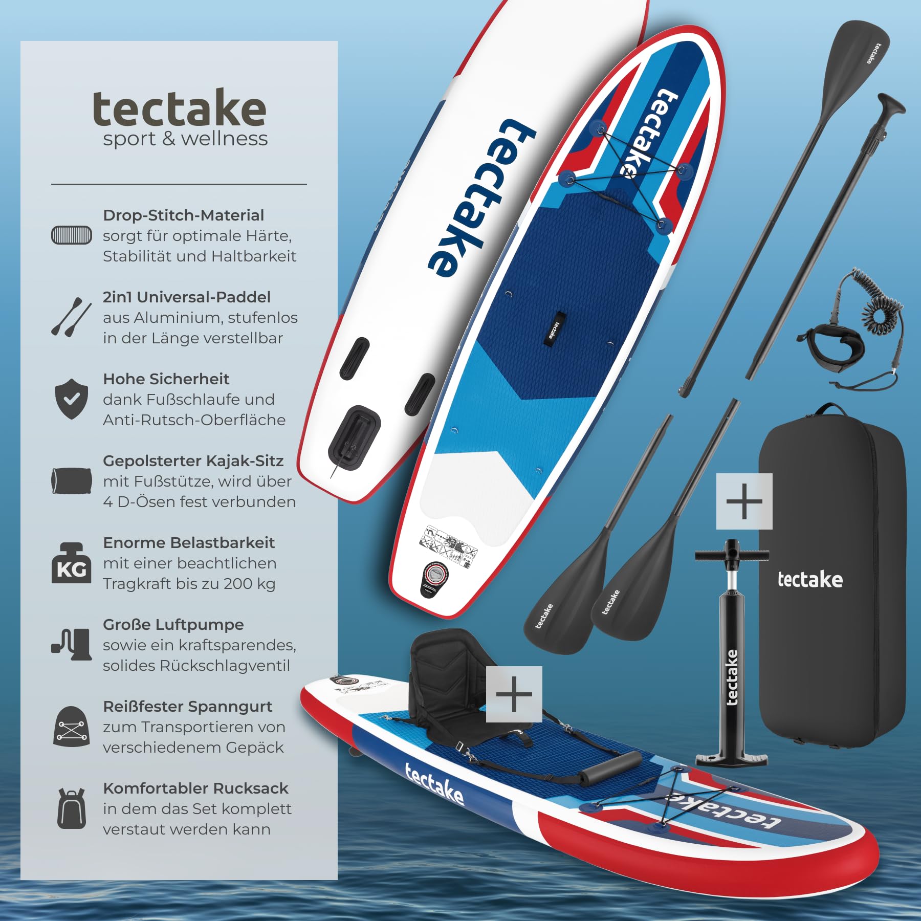 tectake® 2in1 Stand Up Paddle Board, mit Sitz als Kajak nutzbar, SUP aufblasbar, mit Pumpe, 3 Finnen, Rucksack, Doppelpaddel, Paddel, komplettes Zubehör, bis 200 kg belastbar - rot/blau