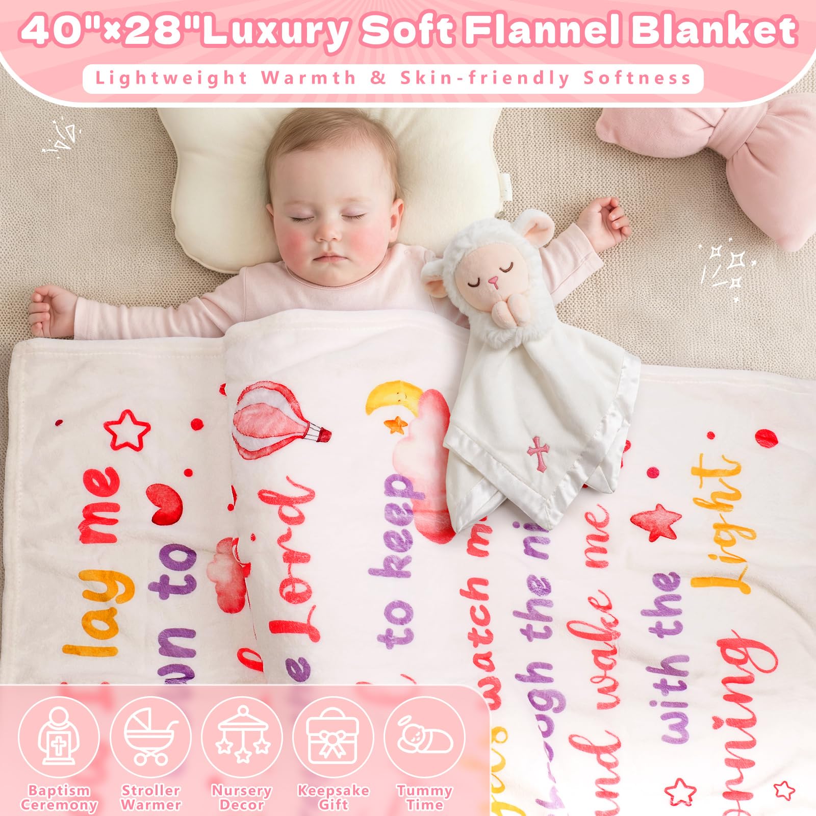 Baptism Gifts for Girl, Loveys for Babies Lamb Security Blanket, Plush Lamb Lovey with Cross Embroidery, Christening Gift Set with Baby Blanket & First Prayer Book