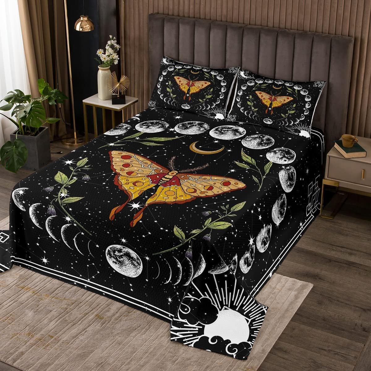 Erosebridal Gothic Moth Quilt Set,Sun and Moon Coverlet Set Starry Sky Stars Bedspread Set King Constellation Bed Cover Florals Leaves Butterfly Bedroom Decor,Moon Phase Pattern Decor for Home